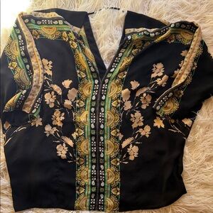 Rose & Olive Black Floral Blouse with Gold and Green Accents